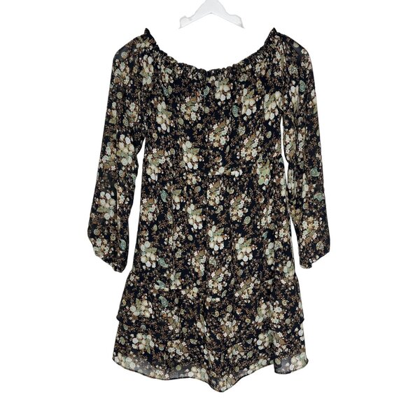WAYF Black Floral Ruffle Mini Dress XS Puff Sleeve Boho Tiered - Picture 1 of 15